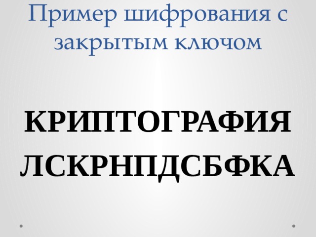 Пример шифрования с закрытым ключом КРИПТОГРАФИЯ ЛСКРНПДСБФКА 