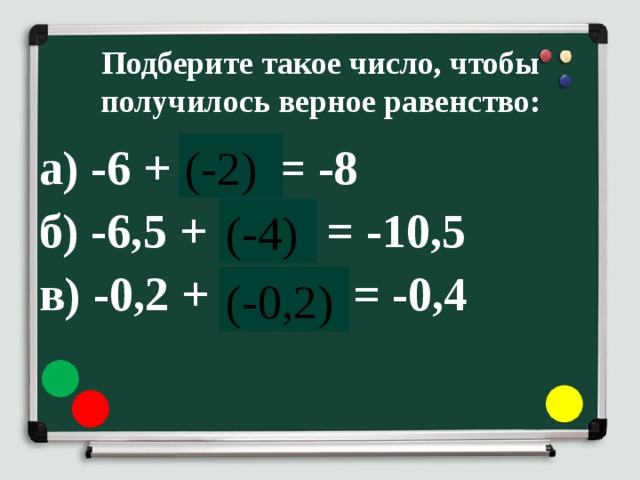 Подберите такое число, чтобы получилось верное равенство: а) -6 + ……= -8 б) -6,5 + …… = -10,5 в) -0,2 + …… = -0,4 (-2) (-4) (-0,2) 