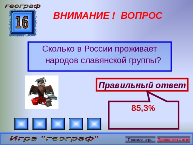 85,3% ВНИМАНИЕ ! ВОПРОС Сколько в России проживает народов славянской группы? Правильный ответ Правила игры Продолжить игру 