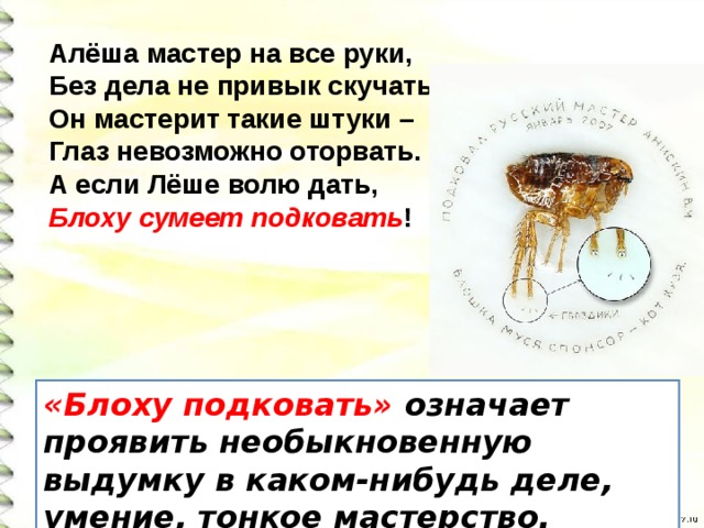 Алёша мастер на все руки,  Без дела не привык скучать.  Он мастерит такие штуки –  Глаз невозможно оторвать.  А если Лёше волю дать,  Блоху сумеет подковать ! «Блоху подковать» означает проявить необыкновенную выдумку в каком-нибудь деле, умение, тонкое мастерство. 