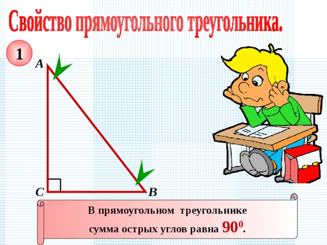 1 А В С В прямоугольном треугольнике сумма острых углов равна 90 0 . 
