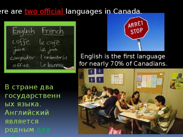 There are two official languages in Canada.   English is the first language for nearly 70% of Canadians.  В стране два государственных языка. Английский является родным для 70% канадцев. 