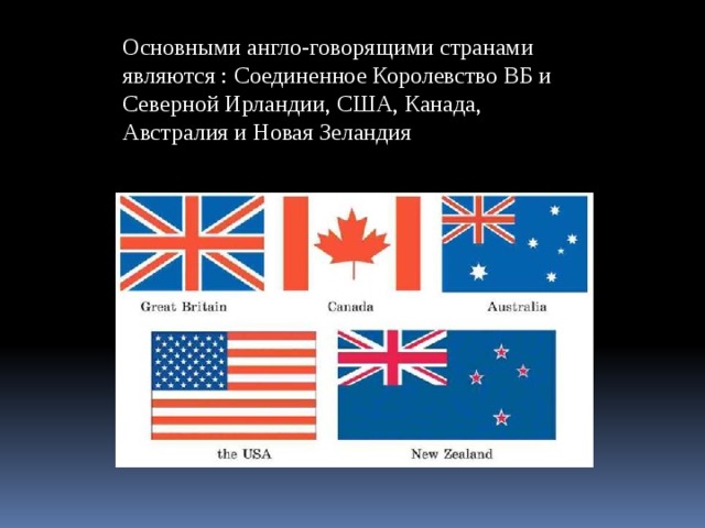 Основными англо-говорящими странами являются : Соединенное Королевство ВБ и Северной Ирландии, США, Канада, Австралия и Новая Зеландия 