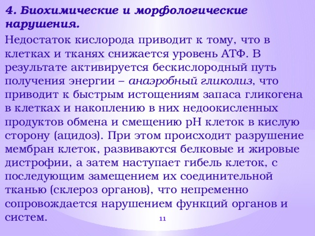 4. Биохимические и морфологические нарушения. Недостаток кислорода приводит к тому, что в клетках и тканях снижается уровень АТФ. В результате активируется бескислородный путь получения энергии – анаэробный гликолиз , что приводит к быстрым истощениям запаса гликогена в клетках и накоплению в них недоокисленных продуктов обмена и смещению рН клеток в кислую сторону (ацидоз). При этом происходит разрушение мембран клеток, развиваются белковые и жировые дистрофии, а затем наступает гибель клеток, с последующим замещением их соединительной тканью (склероз органов), что непременно сопровождается нарушением функций органов и систем.  