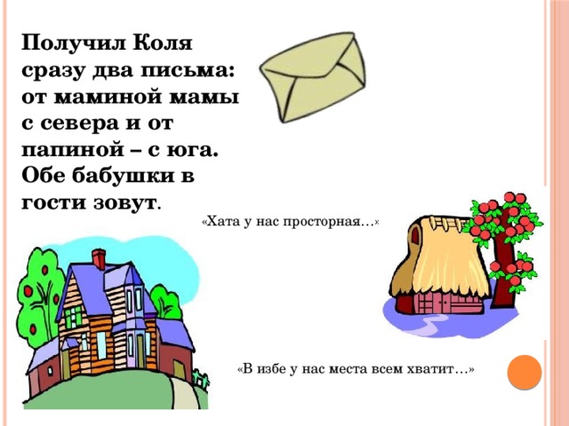 Получил Коля сразу два письма: от маминой мамы с севера и от папиной – с юга. Обе бабушки в гости зовут . «Хата у нас просторная…» «В избе у нас места всем хватит…» 