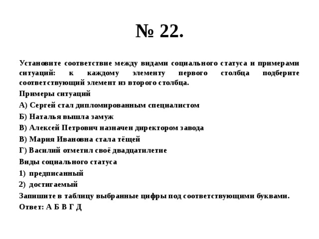 № 22. Установите соответствие между видами социального статуса и примерами ситуаций: к каждому элементу первого столбца подберите соответствующий элемент из второго столбца. Примеры ситуаций А) Сергей стал дипломированным специалистом Б) Наталья вышла замуж В) Алексей Петрович назначен директором завода В) Мария Ивановна стала тёщей Г) Василий отметил своё двадцатилетие Виды социального статуса предписанный достигаемый Запишите в таблицу выбранные цифры под соответствующими буквами. Ответ: А Б В Г Д 