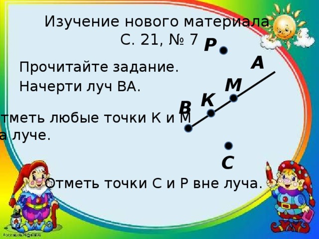 П л луч б. Начерти Луч. Точки на Луче и вне луча. Луч и его обозначение 2 класс. Начертить Луч и отметить точки.