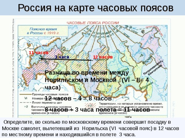  Россия на карте часовых поясов 11 часов 12 часов  3 часа Разница во времени между Норильском и Москвой ( VI – II= 4 часа)  12 часов – 4 = 8 часов 8 часов + 3 часа полета = 11 часов  Определите, во сколько по московскому времени совершит посадку в Москве самолет, вылетевший из Норильска ( VI часовой пояс) в 1 2 часов по местному времени и находившийся в полете 3 часа. В каком часовом поясе расположен населенный пункт России, если время отличается от Московского на 5 часов: А) IV Б) V В) VI Г) VI  Сколько времени в Москве, когда в Калининграде ( I часовой пояс) 15 часов? А) 14 часов Б) 15 часов В) 16 часов  С какого года на территории России стало вводиться поясное время: А) 1883 Б) 1919 В) 1930 Г) 1981 