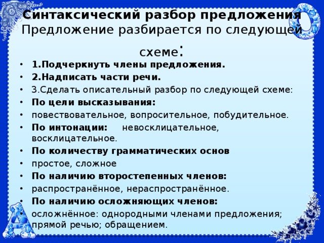   Синтаксический разбор предложения  Предложение разбирается по следующей схеме :   1.Подчеркнуть члены предложения. 2.Надписать части речи. 3.Сделать описательный разбор по следующей схеме: По цели высказывания: повествовательное, вопросительное, побудительное. По интонации: невосклицательное, восклицательное. По количеству грамматических основ простое, сложное По наличию второстепенных членов: распространённое, нераспространённое. По наличию осложняющих членов: осложнённое: однородными членами предложения; прямой речью; обращением. 