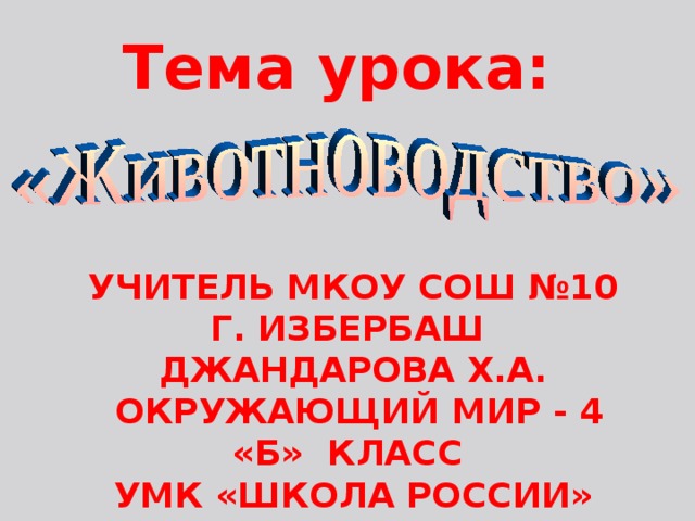 Тема урока: УЧИТЕЛЬ МКОУ СОШ №10  Г. ИЗБЕРБАШ ДЖАНДАРОВА Х.А.  ОКРУЖАЮЩИЙ МИР - 4 «Б» КЛАСС  УМК «ШКОЛА РОССИИ»   