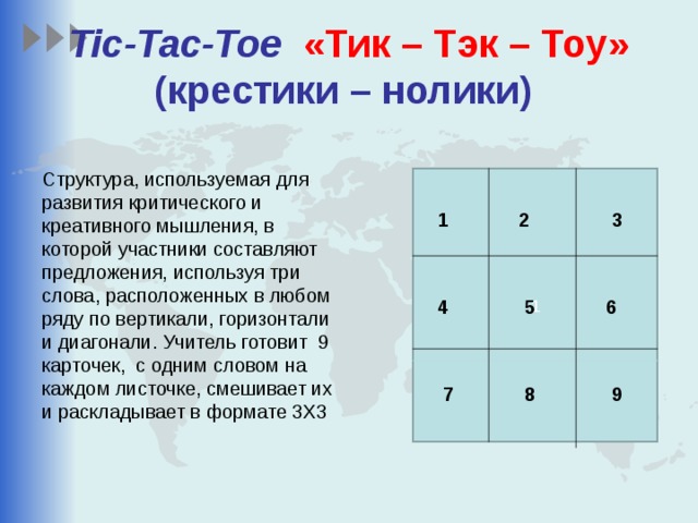 Tic-Tac-Toe «Тик – Тэк – Тоу»  (крестики – нолики)  Структура, используемая для развития критического и креативного мышления, в которой участники составляют предложения, используя три слова, расположенных в любом ряду по вертикали, горизонтали и диагонали. Учитель готовит 9 карточек, с одним словом на каждом листочке, смешивает их и раскладывает в формате 3Х3   1 3 1 2 4 5 6 7 8 9 
