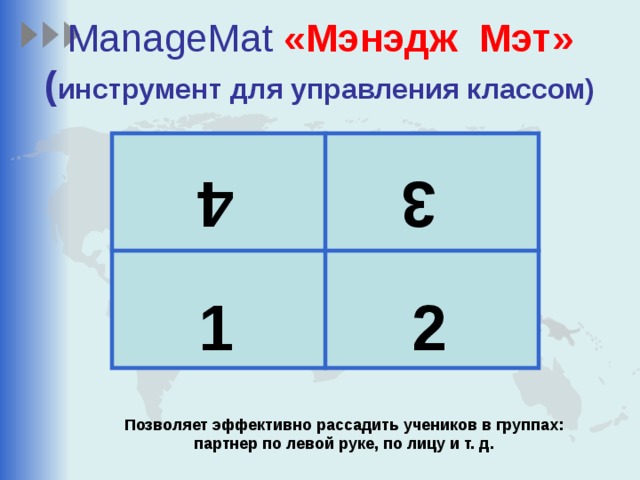 4 3 ManageMat «Мэнэдж Мэт»  ( инструмент для управления классом) 1 2 Позволяет эффективно рассадить учеников в группах: партнер по левой руке, по лицу и т. д. 