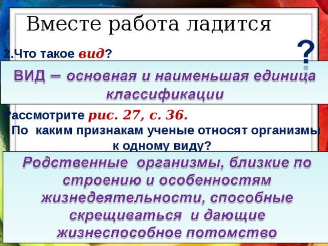Вместе работа ладится 2.Что такое вид ?    Рассмотрите рис. 27, с. 36.  По каким признакам ученые относят организмы к одному виду? Триггер – знак вопроса  