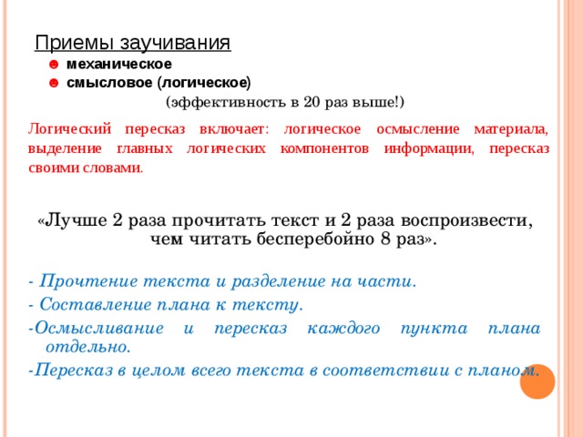  Приемы заучивания  ☻  механическое  ☻  смысловое (логическое) (эффективность в 20 раз выше!) «Лучше 2 раза прочитать текст и 2 раза воспроизвести, чем читать бесперебойно 8 раз». - Прочтение текста и разделение на части. - Составление плана к тексту. -Осмысливание и пересказ каждого пункта плана отдельно. -Пересказ в целом всего текста в соответствии с планом.  Логический пересказ включает: логическое осмысление материала, выделение главных логических компонентов информации, пересказ своими словами.  