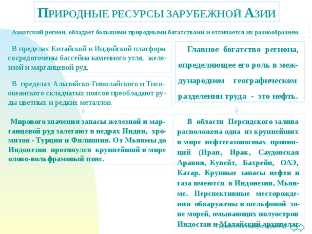 П РИРОДНЫЕ РЕСУРСЫ ЗАРУБЕЖНОЙ А ЗИИ Азиатский регион, обладает большими природными богатствами и отличается их разнообразием.  В пределах Китайской и Индийской платформ сосредоточены бассейна каменного угля, желе-зной и марганцевой руд.  Главное богатство региона, определяющее его роль в меж-дународном географическом разделении труда - это нефть.  В пределах Альпийско-Гимолайского и Тихо-океанского складчатых поясов преобладают ру-ды цветных и редких металлов.  В области Персидского залива расположена одна из крупнейших в мире нефтегазоносных провин-ций (Иран, Ирак, Саудовская Аравия, Кувейт, Бахрейн, ОАЭ, Катар. Крупные запасы нефти и газа имеются в Индонезии, Мьян-ме. Перспективные месторожде-ния обнаружены в шельфовой зо-не морей, омывающих полуостров Индостан и Малайский архипелаг .  Мирового значения запасы железной и мар-ганцевой руд залегают в недрах Индии, хро-митов - Турции и Филиппин. От Мьянмы до Индонезии протянулся крупнейший в мире олово-вольфрамовый пояс.