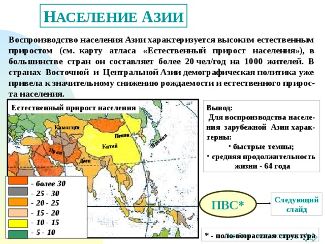 Китай Пекин Иран Дели Япония Н АСЕЛЕНИЕ А ЗИИ Воспроизводство населения Азии характеризуется высоким естественным приростом (см. карту атласа «Естественный прирост населения»), в большинстве стран он составляет более 20 чел/год на 1000 жителей. В странах Восточной и Центральной Азии демографическая политика уже привела к значительному снижению рождаемости и естественного прирос-та населения. Естественный прирост населения Вывод:  Для воспроизводства населе-ния зарубежной Азии харак-терны:  быстрые темпы;  средняя продолжительность жизни - 64 года Казахстан  - более 30  - 25 - 30  - 20 - 25  - 15 - 20  - 10 - 15  - 5 - 10 ПВС* Следующий слайд * - поло-возрастная структура