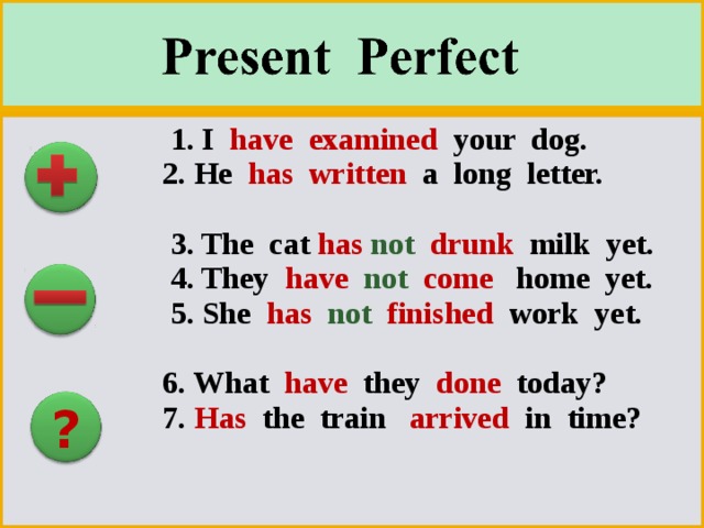  1. I have  examined  your dog.  2. He has written  a long letter.  3. The cat has not drunk  milk yet.  4. They have not come home yet.  5. She has  not  finished work yet.   6. What have they done today?  7. Has the train arrived in time? ? 
