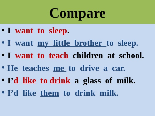 Compare I want to sleep . I want my little brother to sleep. I want to teach children at school. He teaches me to drive a car. I’ d like to drink a glass of milk. I’d like them to drink milk. 