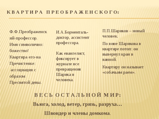 К В А Р Т И Р А П Р Е О Б Р А Ж Е Н С К О Г О:   П.П.Шариков – новый человек. По вине Шарикова в квартире потоп: он вывернул кран в ванной. Квартиру он называет «собачьим раем» . Ф.Ф.Преображенск ий-профессор. Имя символично: божество! Квартира его-на Пречистенке:  ассоциация с образом Пресвятой девы. И.А.Борменталь-доктор, ассистент профессора. Как евангелист, фиксирует в журнале все превращения Шарика в человека. В Е С Ь О С Т А Л Ь Н О Й М И Р: Вьюга, холод, ветер, грязь, разруха… Швондер и члены домкома . 