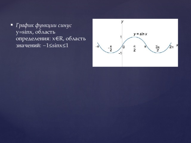 График функции синус    y=sinx, область определения: x∈R, область значений: −1≤sinx≤1  