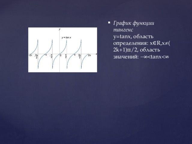 График функции тангенс    y=tanx, область определения: x∈R,x≠(2k+1)π/2, область значений: −∞