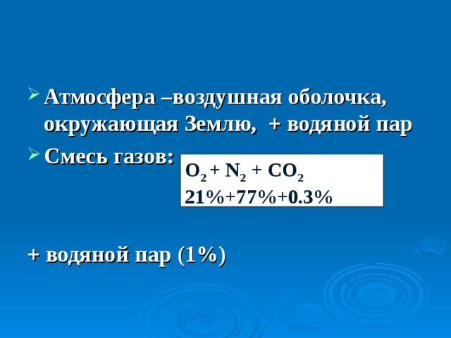 Атмосфера –воздушная оболочка, окружающая Землю, + водяной пар Смесь газов:    + водяной пар (1%)  О 2  + N 2 + CO 2 21%+77%+0.3% 