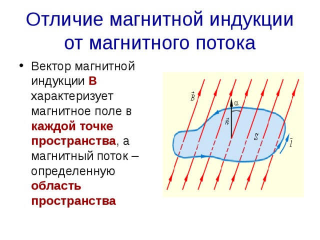 Отличие магнитной индукции от магнитного потока Вектор магнитной индукции В  характеризует магнитное поле в каждой точке  пространства , а магнитный поток – определенную область пространства 