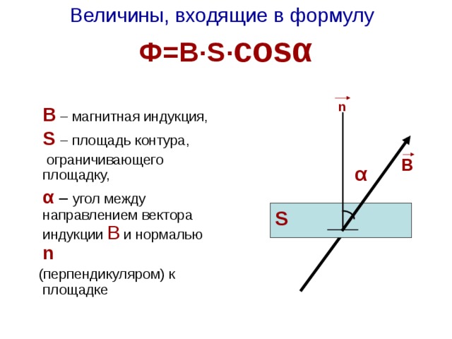  Величины, входящие в формулу   Ф=В · S · cos α      n   В – магнитная индукция,  S  – площадь контура,  ограничивающего площадку,  α  – угол между  направлением вектора индукции В и нормалью n  (перпендикуляром) к площадке    В  α S 