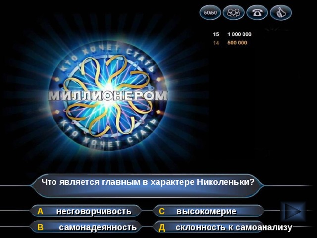 Что является главным в характере Николеньки?   А высокомерие несговорчивость С самонадеянность склонность к самоанализу Д В 