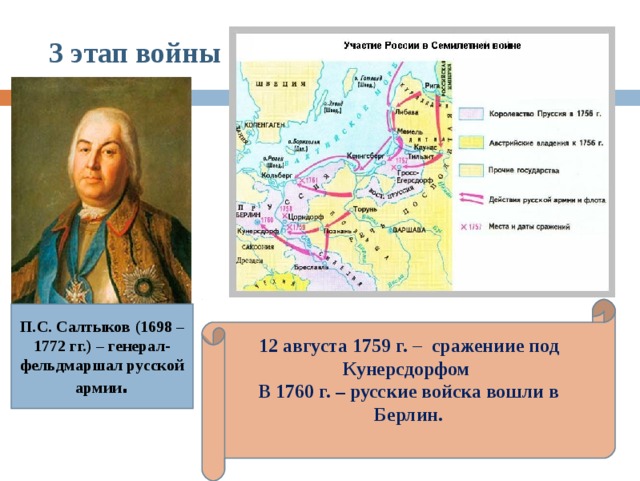 3 этап войны 12 августа 1759 г. – сражениие под Кунерсдорфом В 1760 г. – русские войска вошли в Берлин.  П.С. Салтыков (1698 – 1772 гг.) – генерал-фельдмаршал русской армии . 