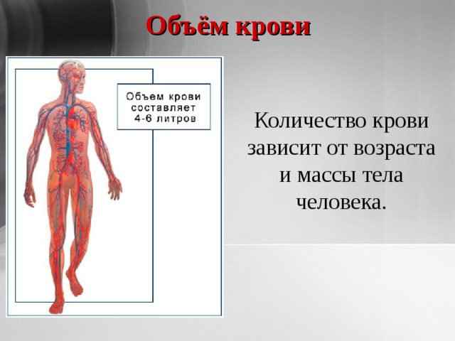 Объём крови Количество крови зависит от возраста и массы тела человека. 