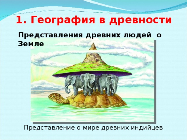 1. География в древности   Представления древних людей о Земле Представление о мире древних индийцев 