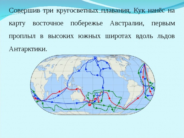 Совершив три кругосветных плавания, Кук нанёс на карту восточное побережье Австралии, первым проплыл в высоких южных широтах вдоль льдов Антарктики. 