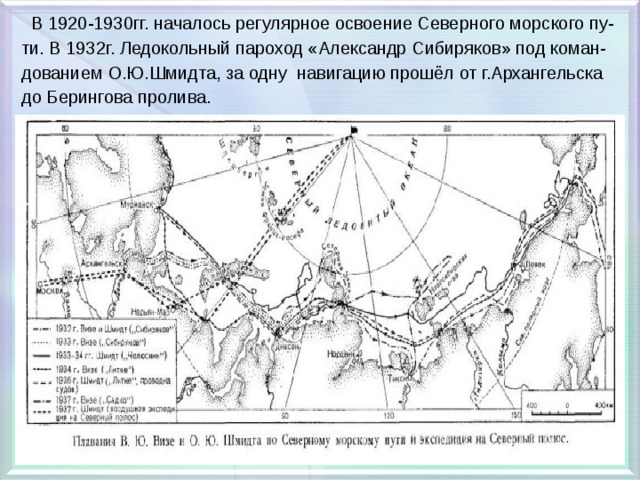  В 1920-1930гг. началось регулярное освоение Северного морского пу- ти. В 1932г. Ледокольный пароход «Александр Сибиряков» под коман- дованием О.Ю.Шмидта, за одну навигацию прошёл от г.Архангельска до Берингова пролива. 