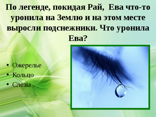 По легенде, покидая Рай, Ева что-то уронила на Землю и на этом месте выросли подснежники. Что уронила Ева? Ожерелье Кольцо Слёзы 