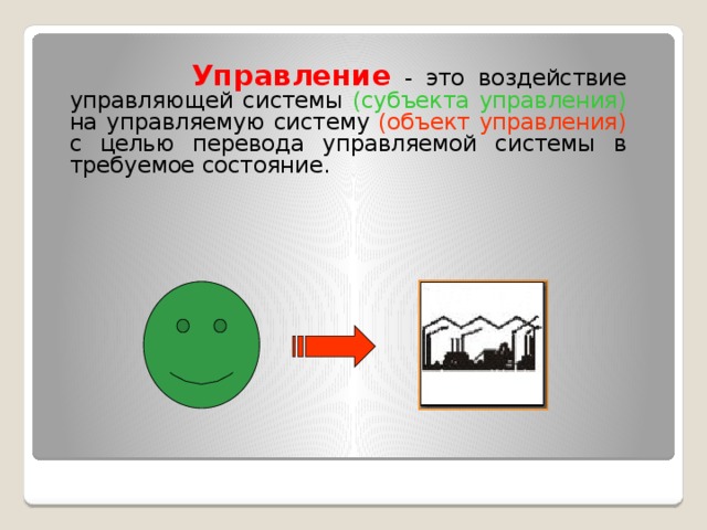  Управление - это воздействие управляющей системы (субъекта управления) на управляемую систему (объект управления) с целью перевода управляемой системы в требуемое состояние.  