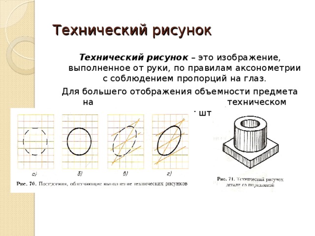 Технический рисунок Технический рисунок – это изображение, выполненное от руки, по правилам аксонометрии с соблюдением пропорций на глаз. Для большего отображения объемности предмета на техническом рисунке наносят штриховку. 