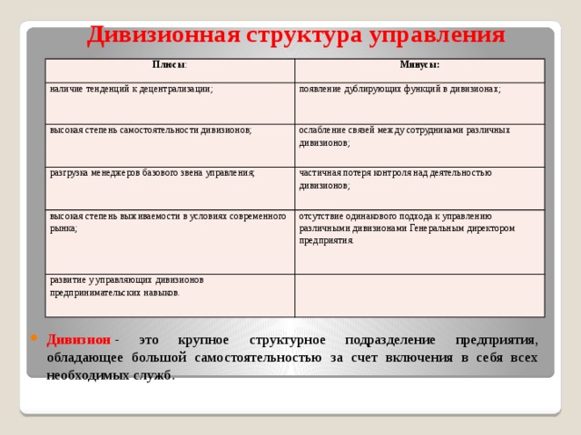 Управляющая плюсы. Дивизионная структура управления преимущества и недостатки. Плюсы и минусы дивизиональной структуры управления. Дивизиональная структура управления плюсы и минусы. Дивизионная организационная структура плюсы и минусы.