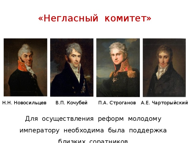 «Негласный комитет» Н.Н. Новосильцев А.Е. Чарторыйский П.А. Строганов В.П. Кочубей Для осуществления реформ молодому императору необходима была поддержка близких соратников. 