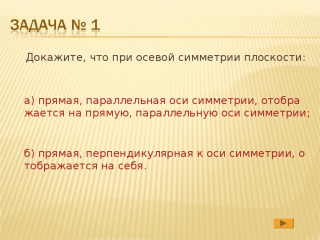  Докажите, что при осевой симметрии плоскости:  а) прямая, параллельная оси симметрии, отображается на прямую, параллельную оси симметрии;  б) прямая, перпендикулярная к оси симметрии, отображается на себя. 