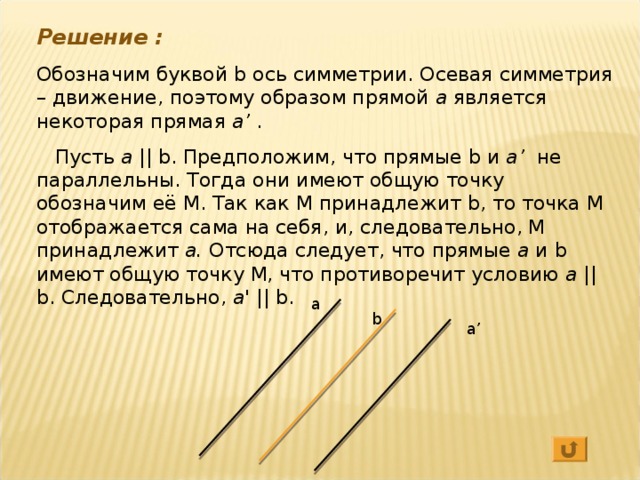 Решение :  Обозначим буквой b ось симметрии. Осевая симметрия – движение, поэтому образом прямой a  является некоторая прямая  a’  .  Пусть а  ||  b .  Предположим, что прямые b и а ’ не параллельны. Тогда они имеют общую точку обозначим её М. Так как М принадлежит b , то точка М отображается сама на себя, и, следовательно, М принадлежит а. Отсюда следует, что прямые а и b имеют общую точку М, что противоречит условию а  ||  b . Следовательно, а '  ||  b . b a ’ 