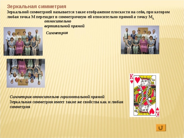 Зеркальная симметрия Зеркальной симметрией называется такое отображение плоскости на себя, при котором любая точка М переходит в симметричную ей относительно прямой а точку М 1.   Симметрия относительно вертикальной прямой Симметрия относительно горизонтальной прямой  Зеркальная симметрия имеет такие же свойства как и любая симметрия  