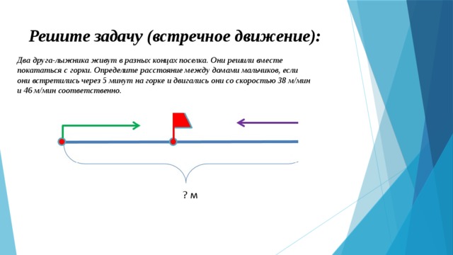 Решите задачу (встречное движение):   Два друга-лыжника живут в разных концах поселка. Они решили вместе покататься с горки. Определите расстояние между домами мальчиков, если они встретились через 5 минут на горке и двигались они со скоростью 38 м/мин и 46 м/мин соответственно. 