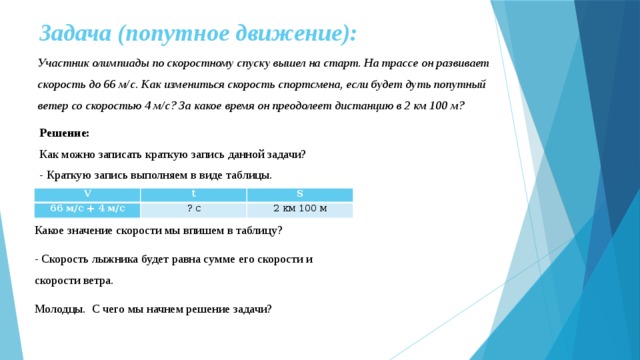 Задача (попутное движение):   Участник олимпиады по скоростному спуску вышел на старт. На трассе он развивает скорость до 66 м/с. Как измениться скорость спортсмена, если будет дуть попутный ветер со скоростью 4 м/с? За какое время он преодолеет дистанцию в 2 км 100 м? Решение: Как можно записать краткую запись данной задачи? - Краткую запись выполняем в виде таблицы. V 66 м/с + 4 м/с t S ? с 2 км 100 м Какое значение скорости мы впишем в таблицу? - Скорость лыжника будет равна сумме его скорости и скорости ветра. Молодцы. С чего мы начнем решение задачи? 