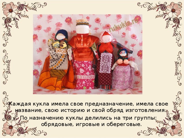Каждая кукла имела свое предназначение, имела свое название, свою историю и свой обряд изготовления. По назначению куклы делились на три группы: обрядовые, игровые и обереговые. 