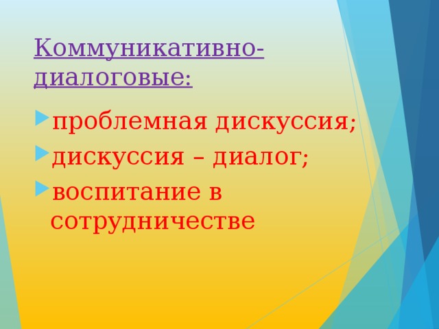 Коммуникативно-диалоговые: проблемная дискуссия; дискуссия – диалог; воспитание в сотрудничестве  