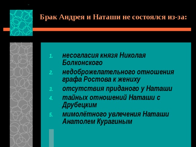 Брак Андрея и Наташи не состоялся из-за: несогласия князя Николая Болконского недоброжелательного отношения графа Ростова к жениху отсутствия приданого у Наташи тайных отношений Наташи с Друбецким мимолётного увлечения Наташи Анатолем Курагиным 