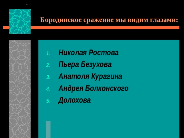 Бородинское сражение мы видим глазами: Николая Ростова Пьера Безухова Анатоля Курагина Андрея Болконского Долохова 
