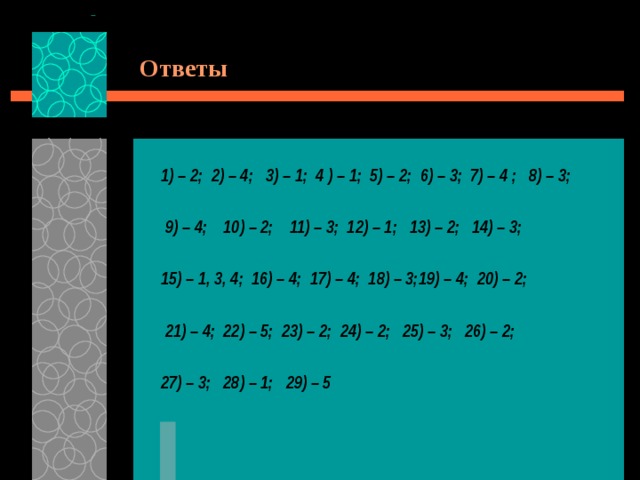 Ответы 1) – 2; 2) – 4; 3) – 1; 4 ) – 1; 5) – 2; 6) – 3; 7) – 4 ; 8) – 3;   9) – 4; 10) – 2; 11) – 3; 12) – 1; 13) – 2; 14) – 3;  15) – 1, 3, 4; 16) – 4; 17) – 4; 18) – 3;19) – 4; 20) – 2;   21) – 4; 22) – 5; 23) – 2; 24) – 2; 25) – 3; 26) – 2;  27) – 3; 28) – 1; 29) – 5 