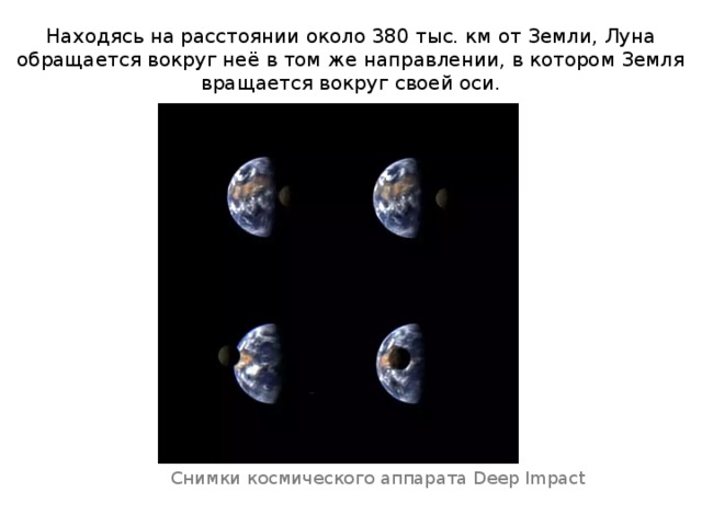 Находясь на расстоянии около 380 тыс. км от Земли, Луна обращается вокруг неё в том же направлении, в котором Земля вращается вокруг своей оси. Снимки космического аппарата Deep Impact 